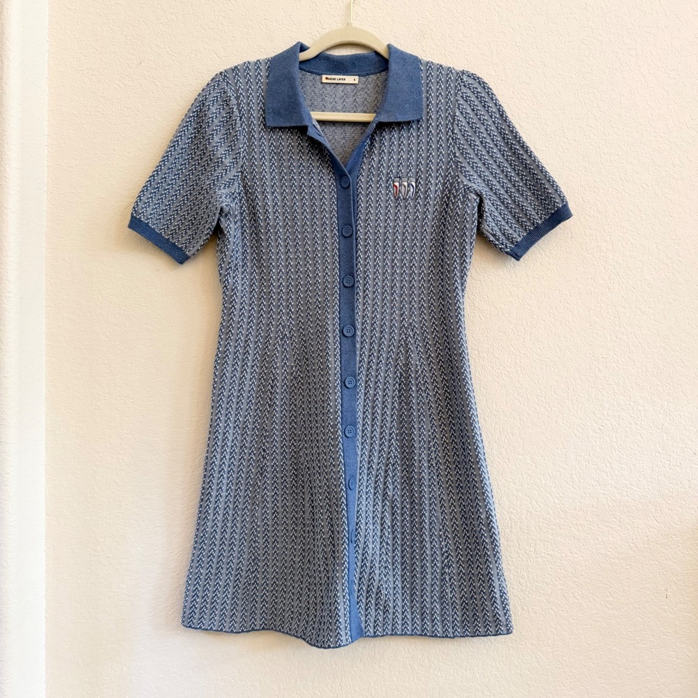 Marine Layer Women Blue Pointelle Knit Button Front Polo Mini Dress Size S
